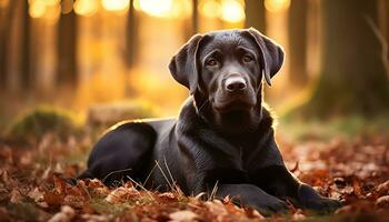 une chien est séance dans le herbe à le coucher du soleil ai généré photo