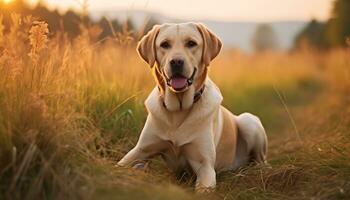 une chien est séance dans le herbe à le coucher du soleil ai généré photo