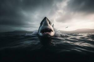 génial blanc requin posant dans le Profond bleu l'eau. neural réseau ai généré photo