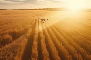 drone en volant plus de le champ. intelligent agriculture contrôlée. neural réseau ai généré photo