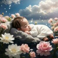 une bébé en train de dormir sur une rivière plein de fleurs photo