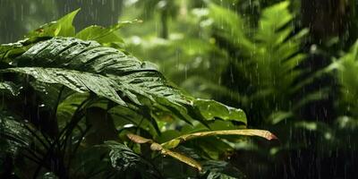 pluie chutes dans une forêt tropicale avec le pluie gouttes. génératif ai photo