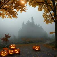 Halloween citrouille pierre à l'extérieur forêt ai génératif photo