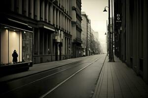 paysage vue de un vide rue de une noir et blanc ville. neural réseau ai généré photo