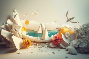 chef-d'oeuvre papier artisanat mer avec bateaux. produire ai photo