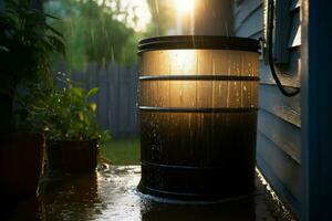 marron pluie baril embrasé près le maison. produire ai photo