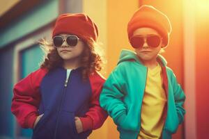 à la mode les enfants dans coloré vêtements. produire ai photo