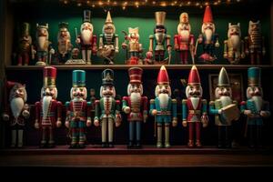miniature casse-noix, elfes et santas de à travers le décennies doublé en haut avec ancien Noël panneaux et souvenirs. génératif ai photo