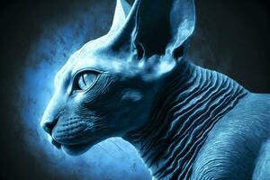 magnifique sphynx chat portrait dans bleu couleurs. neural réseau généré art photo