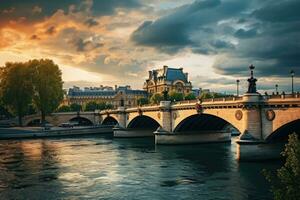 le coucher du soleil plus de Seine rivière dans Paris, France. tonique, Paris France avec rivière Seine - incroyable Voyage la photographie, ai généré photo