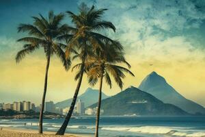 paume des arbres sur le plage dans Rio de janeiro, Brésil, paumes et deux frères Montagne sur ipanema plage, Rio de janeiro, ai généré photo