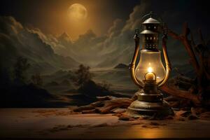 lanterne sur une en bois table contre le Contexte de le lune, image une captivant scène avec une ouragan lampe, ai généré photo
