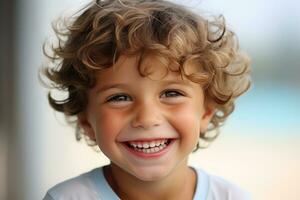 portrait de une mignonne peu garçon avec frisé cheveux souriant à caméra, parfait des gamins sourire, content garçon avec magnifique blanc Lait à pleines dents sourire, ai généré photo