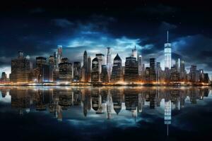 nuit scène de Chicago horizon avec réflexion dans lac, Illinois, Etats-Unis, panoramique vue sur Manhattan à nuit, Nouveau York, Etats-Unis, ai généré photo