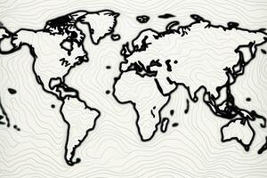 monde carte sur une blanc Contexte. vecteur illustration. eps dix, décrit carte de le monde, ligne art, noir et blanc, ai généré photo