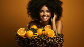 magnifique africain américain femme avec afro coiffure en portant panier avec des oranges. photo