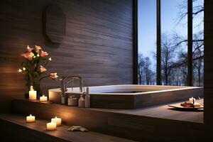 une luxueux Sur pied baignoire est assis dans de face de une grand fenêtre, avec bougies et fleurs mis autour il, création une de type spa atmosphère. le baignoire est rempli avec chaud photo
