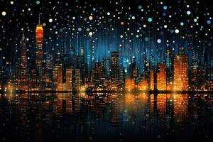 Nouveau york ville Manhattan horizon à nuit avec lumières et reflets. vecteur illustration, pointilliste illustration de une ville horizon à nuit, avec beaucoup de des points, ai généré photo