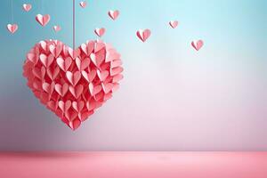 la Saint-Valentin journée Contexte avec papier cœurs. 3d le rendu, papier art de cœur forme pendaison de le ciel sur pastel arrière-plan, ai généré photo