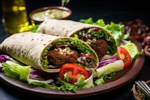 tortilla emballage avec falafel et Frais des légumes sur foncé arrière-plan, ortille emballage avec falafel et Frais salade, ai généré photo