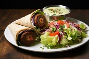 tortilla avec falafel et salade sur une en bois tableau, ortille emballage avec falafel et Frais salade, ai généré photo