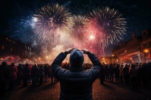 arrière vue de une homme en train de regarder une feux d'artifice afficher dans le ville, Nouveau ans veille feux d'artifice foule arrière vue applaudissement, ai généré photo