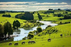 mouton pâturage sur une vert Prairie avec une petit rivière dans le arrière-plan, Nouveau la zélande, Nord île, Waikato région. rural paysage près Mata mata, ai généré photo