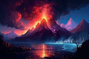 fantaisie paysage avec montagnes et lac. 3d illustration. numérique peinture, nuit fantaisie paysage avec abstrait montagnes et île sur le eau, explosif volcan avec brûlant, ai généré photo