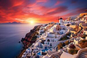 le coucher du soleil plus de oia village sur Santorin île, Grèce, oia coucher de soleil, Santorin île, Grèce, ai généré photo