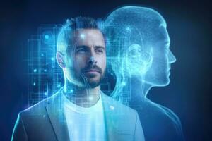 portrait de réfléchi Jeune homme avec cerveau hologramme plus de bleu Contexte. double exposition, homme sur flou Contexte en utilisant numérique médical holographique projection 3d le rendu, ai généré photo