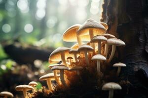 champignons croissance sur une arbre souche dans le forêt dans l'automne, champignon cultivation dans le sauvage, fermer, sélectif se concentrer, ai généré photo