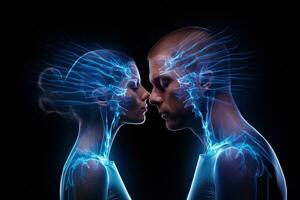conceptuel radiographie image de Masculin et femelle visages sur foncé arrière-plan, homme et femme avec mixte douleur dans leur têtes, conceptuel image, hologramme , ai généré photo