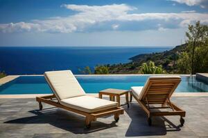 nager bassin avec Soleil chaises longues sur le Contexte de le mer, deux plate-forme chaise sur terrasse avec bassin et étourdissant mer voir, ai généré photo