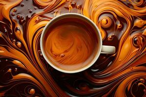 tasse de café sur une coloré Contexte. 3d le rendu, dévoiler le séduire de café ou thé par macro la photographie. Capturer fascinant motifs, tourbillonne, et le réconfortant, ai généré photo