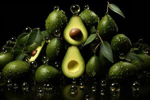 Frais mûr avocats avec feuilles et l'eau gouttes sur noir arrière-plan, natures vert gemmes une captivant instantané de avocat, ai généré photo