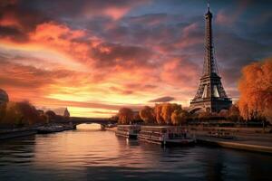 Eiffel la tour et rivière Seine à coucher de soleil, Paris, France, le Eiffel la tour et le Seine rivière à coucher de soleil, ai généré photo