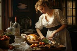 magnifique Jeune femme cuisine dinde dans le cuisine. rustique style, femme est en train de préparer correct repas, ai généré photo