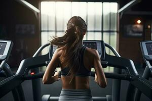 arrière vue de Jeune sportif femme fonctionnement sur tapis roulant dans salle de sport, femme fonctionnement sur tapis de course à le salle de sport, Haut section tondu, non visage révélé, arrière voir, non déformation, ai généré photo