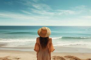 retour vue de Jeune femme dans paille chapeau permanent sur le plage et à la recherche à le mer, arrière vue de une femme profiter le vue à le plage ou océan, ai généré photo