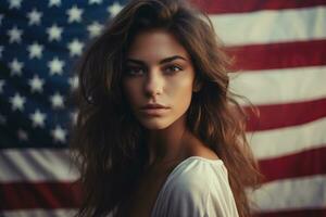 portrait de une magnifique Jeune femme avec longue marron cheveux sur le Contexte de le américain drapeau, Jeune magnifique femme en portant Etats-Unis drapeau, ai généré photo