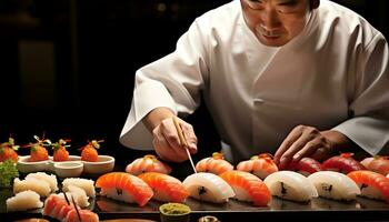 une chef est en train de préparer Sushi sur une Coupe planche ai généré photo