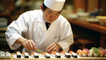 une chef est en train de préparer Sushi sur une Coupe planche ai généré photo
