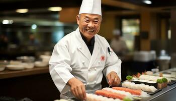 une chef est en train de préparer Sushi sur une Coupe planche ai généré photo