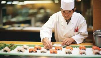 une chef est en train de préparer Sushi sur une Coupe planche ai généré photo