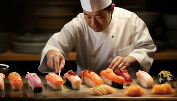 une chef est en train de préparer Sushi sur une Coupe planche ai généré photo