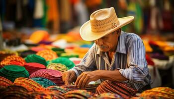 une homme dans une chapeau est travail sur une table avec coloré Chapeaux ai généré photo