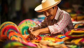 une homme dans une chapeau est travail sur une table avec coloré Chapeaux ai généré photo