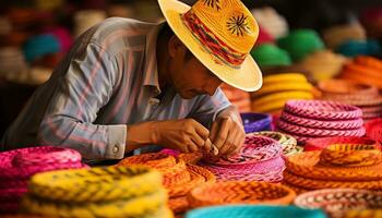 une homme dans une chapeau est travail sur une table avec coloré Chapeaux ai généré photo
