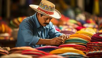 une homme dans une chapeau est vente coloré articles ai généré photo