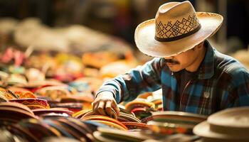 une homme dans une chapeau est travail sur une table avec coloré Chapeaux ai généré photo